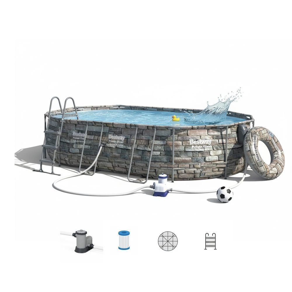 Bestway 56719 | Size 20.0 x 12.0 x 4.00 Ft | Power Steel Oval Metal Frame Portable Ready-Made Swimming Pool